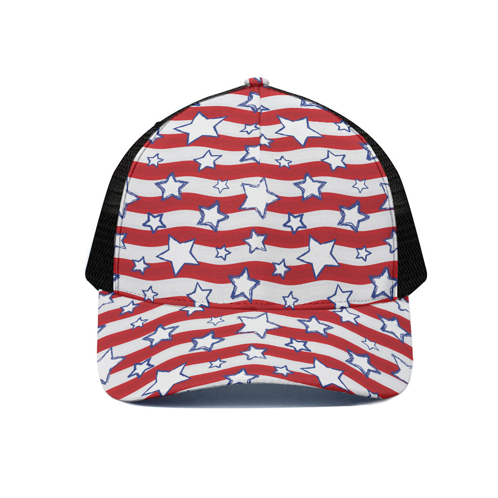 Fourth of July USA Star Pattern Print Black Mesh Trucker Cap