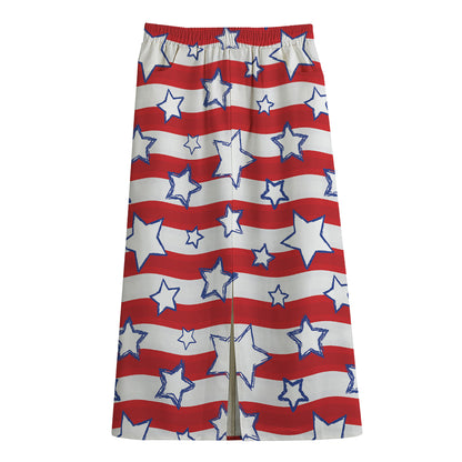 Fourth of July USA Star Pattern Print Cotton Front Slit Maxi Skirt