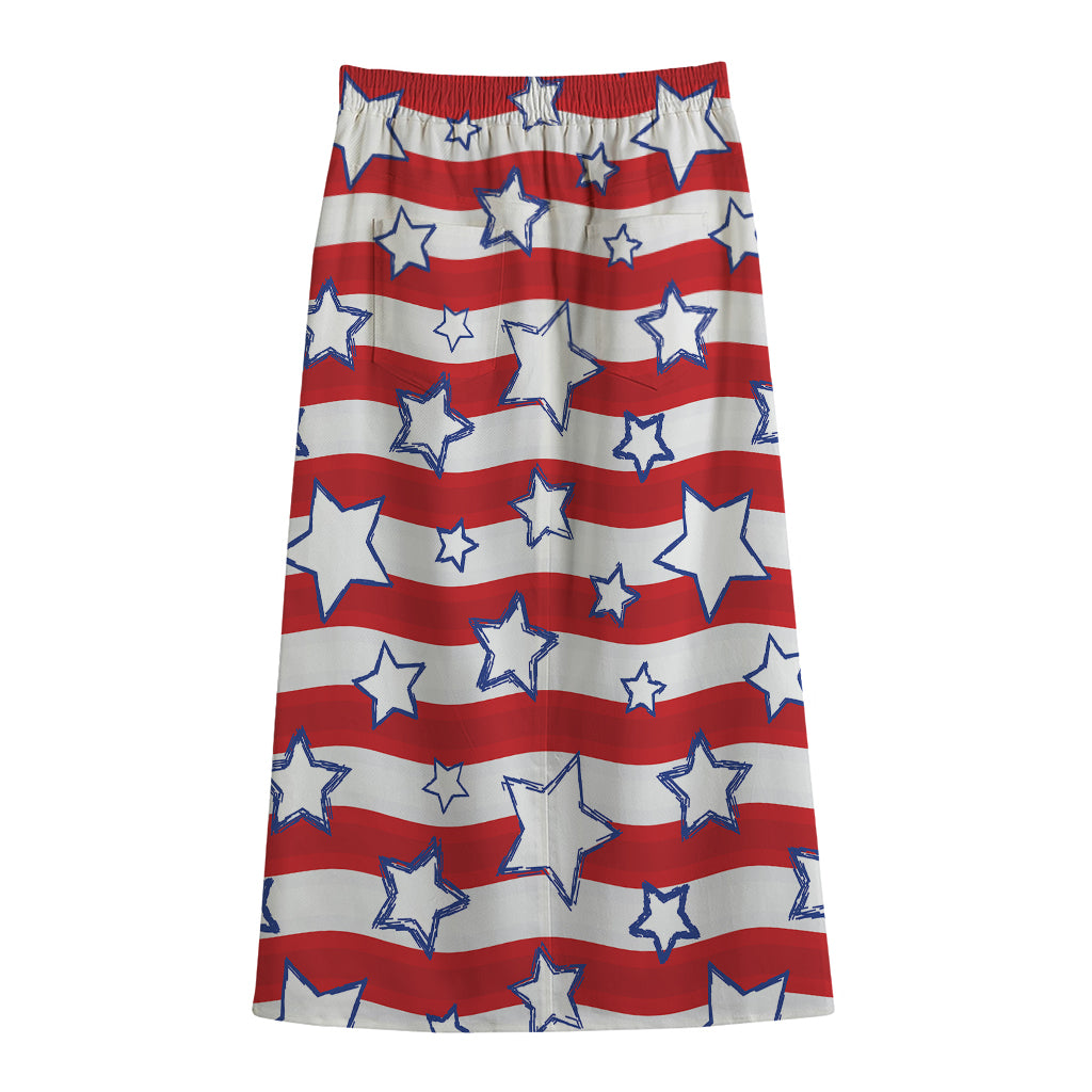 Fourth of July USA Star Pattern Print Cotton Front Slit Maxi Skirt