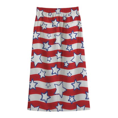 Fourth of July USA Star Pattern Print Cotton Front Slit Maxi Skirt