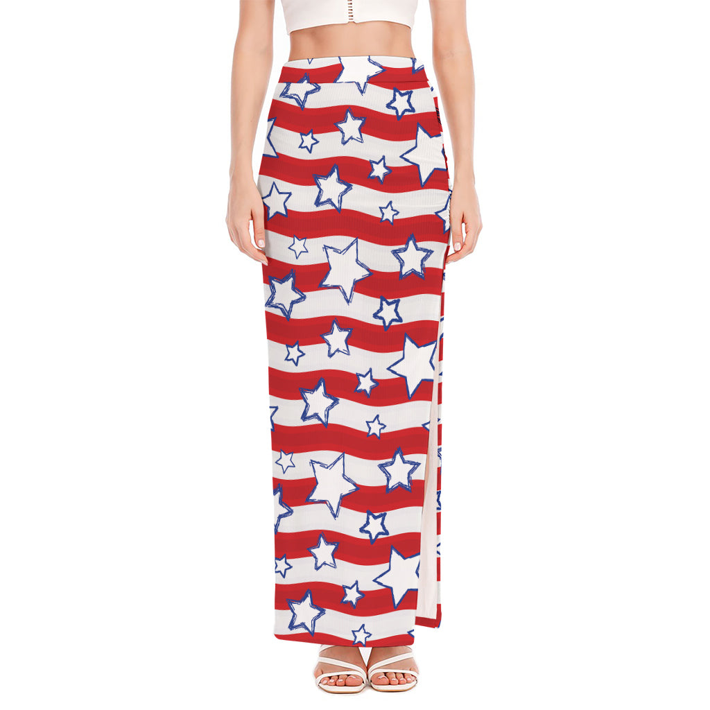 Fourth of July USA Star Pattern Print High Slit Maxi Skirt