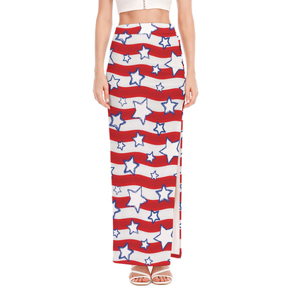Fourth of July USA Star Pattern Print High Slit Maxi Skirt