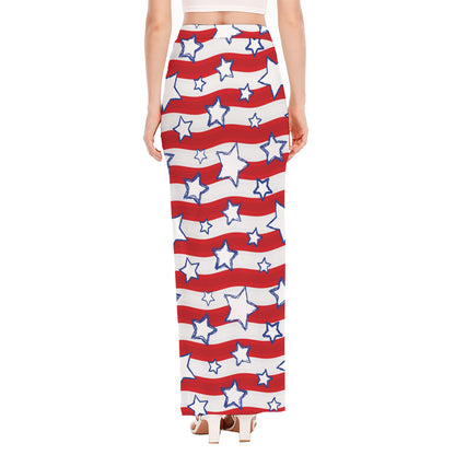 Fourth of July USA Star Pattern Print High Slit Maxi Skirt