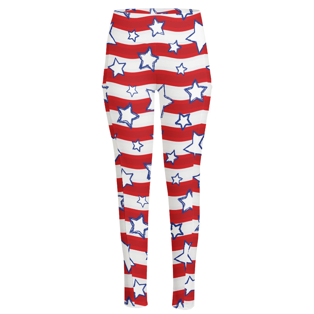 Fourth of July USA Star Pattern Print High-Waisted Pocket Leggings