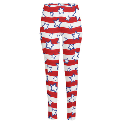Fourth of July USA Star Pattern Print High-Waisted Pocket Leggings