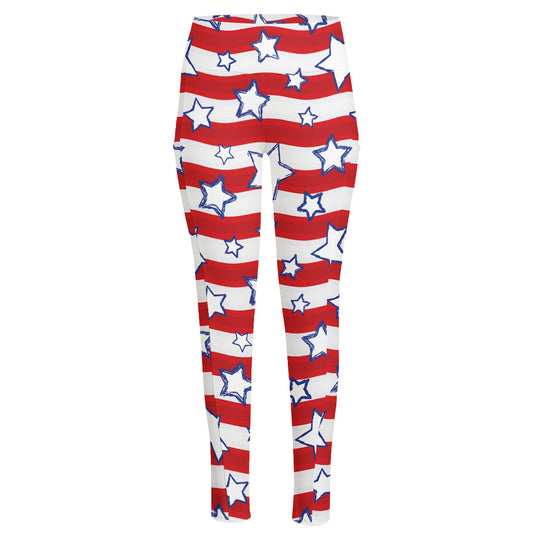 Fourth of July USA Star Pattern Print High-Waisted Pocket Leggings