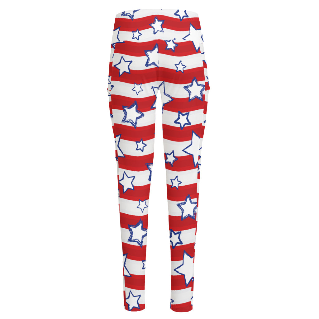 Fourth of July USA Star Pattern Print High-Waisted Pocket Leggings