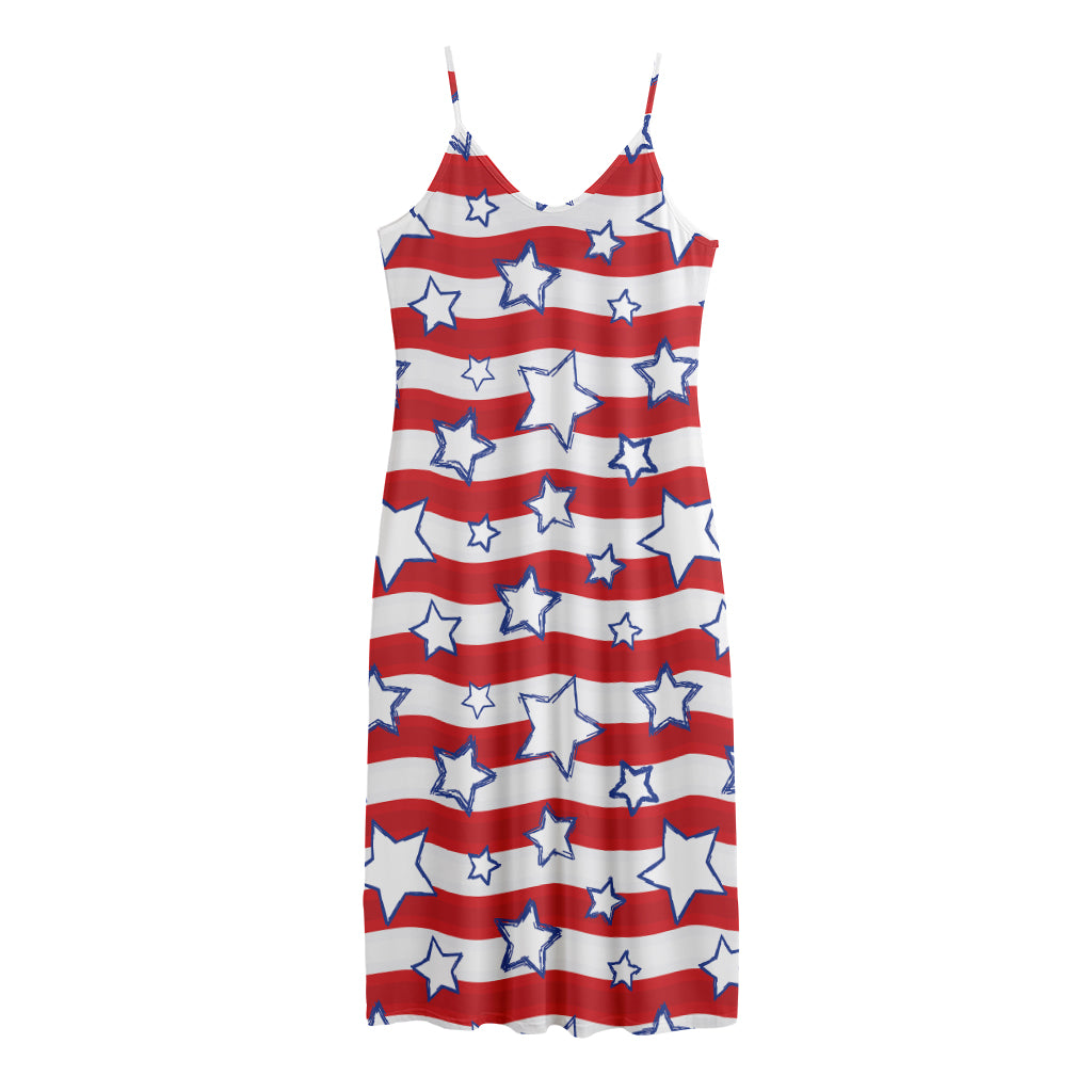 Fourth of July USA Star Pattern Print Jersey Midi Cami Dress