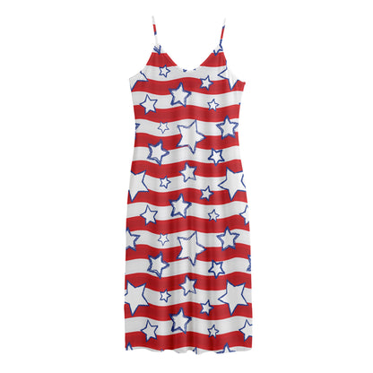 Fourth of July USA Star Pattern Print Jersey Midi Cami Dress
