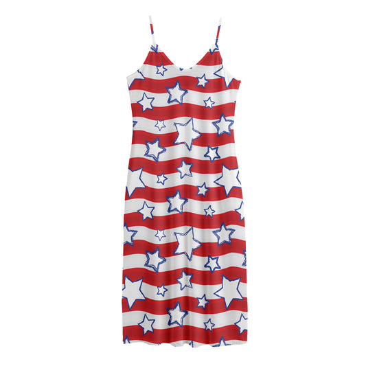 Fourth of July USA Star Pattern Print Jersey Midi Cami Dress
