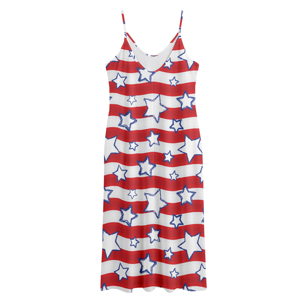 Fourth of July USA Star Pattern Print Jersey Midi Cami Dress