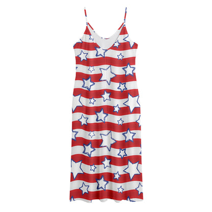 Fourth of July USA Star Pattern Print Jersey Midi Cami Dress