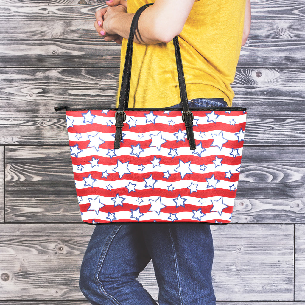 Fourth of July USA Star Pattern Print Leather Tote Bag