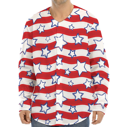 Fourth of July USA Star Pattern Print Long Sleeve Baseball Jersey