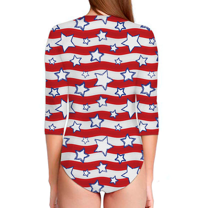 Fourth of July USA Star Pattern Print Long Sleeve Swimsuit