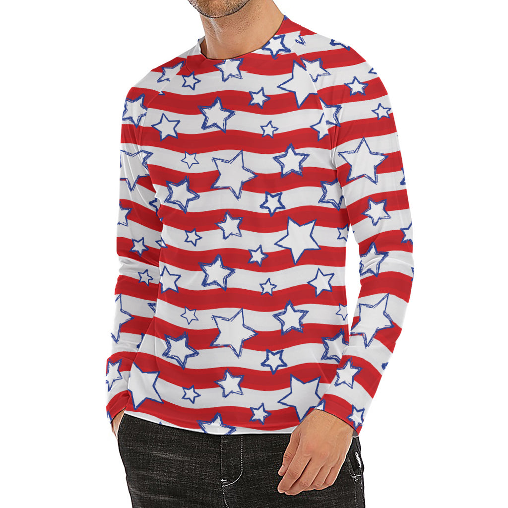 Fourth of July USA Star Pattern Print Men's Long Sleeve Rash Guard