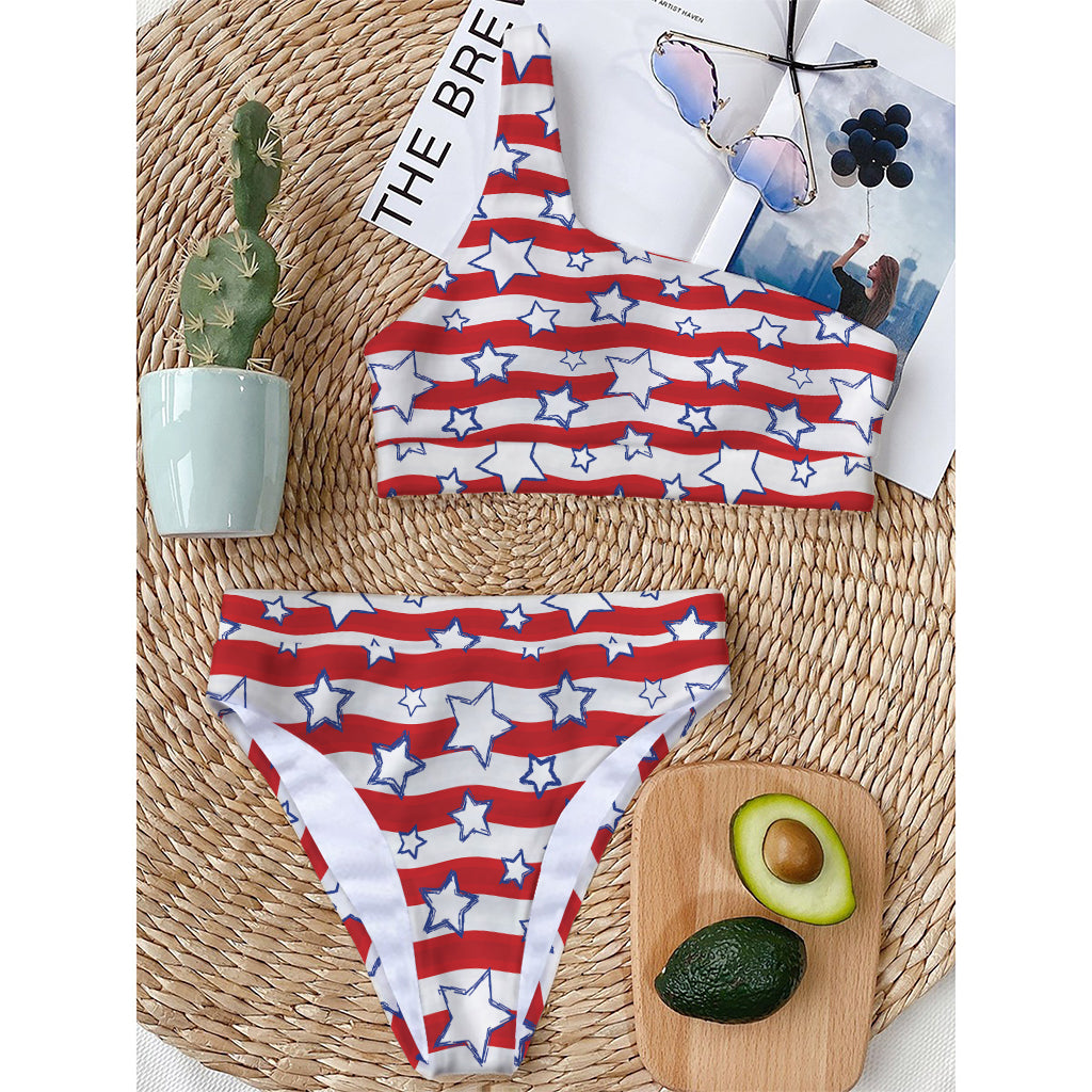 Fourth of July USA Star Pattern Print One Shoulder Bikini Top