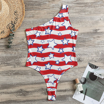 Fourth of July USA Star Pattern Print One Shoulder Bodysuit