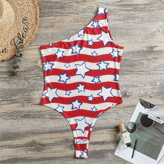 Fourth of July USA Star Pattern Print One Shoulder Bodysuit