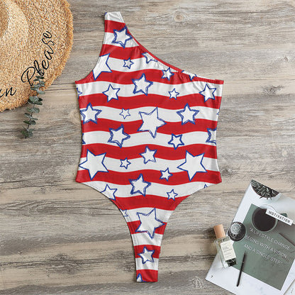 Fourth of July USA Star Pattern Print One Shoulder Bodysuit