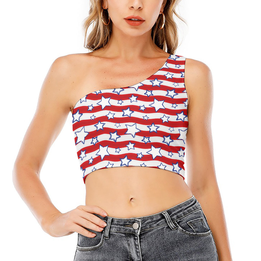 Fourth of July USA Star Pattern Print One Shoulder Crop Top