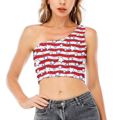 Fourth of July USA Star Pattern Print One Shoulder Crop Top