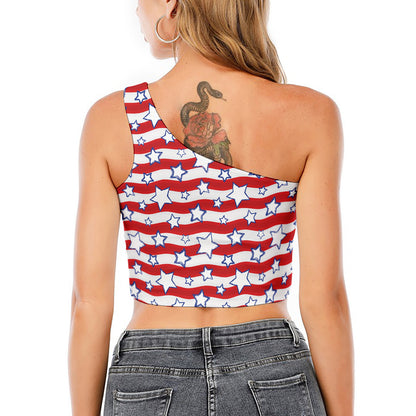 Fourth of July USA Star Pattern Print One Shoulder Crop Top