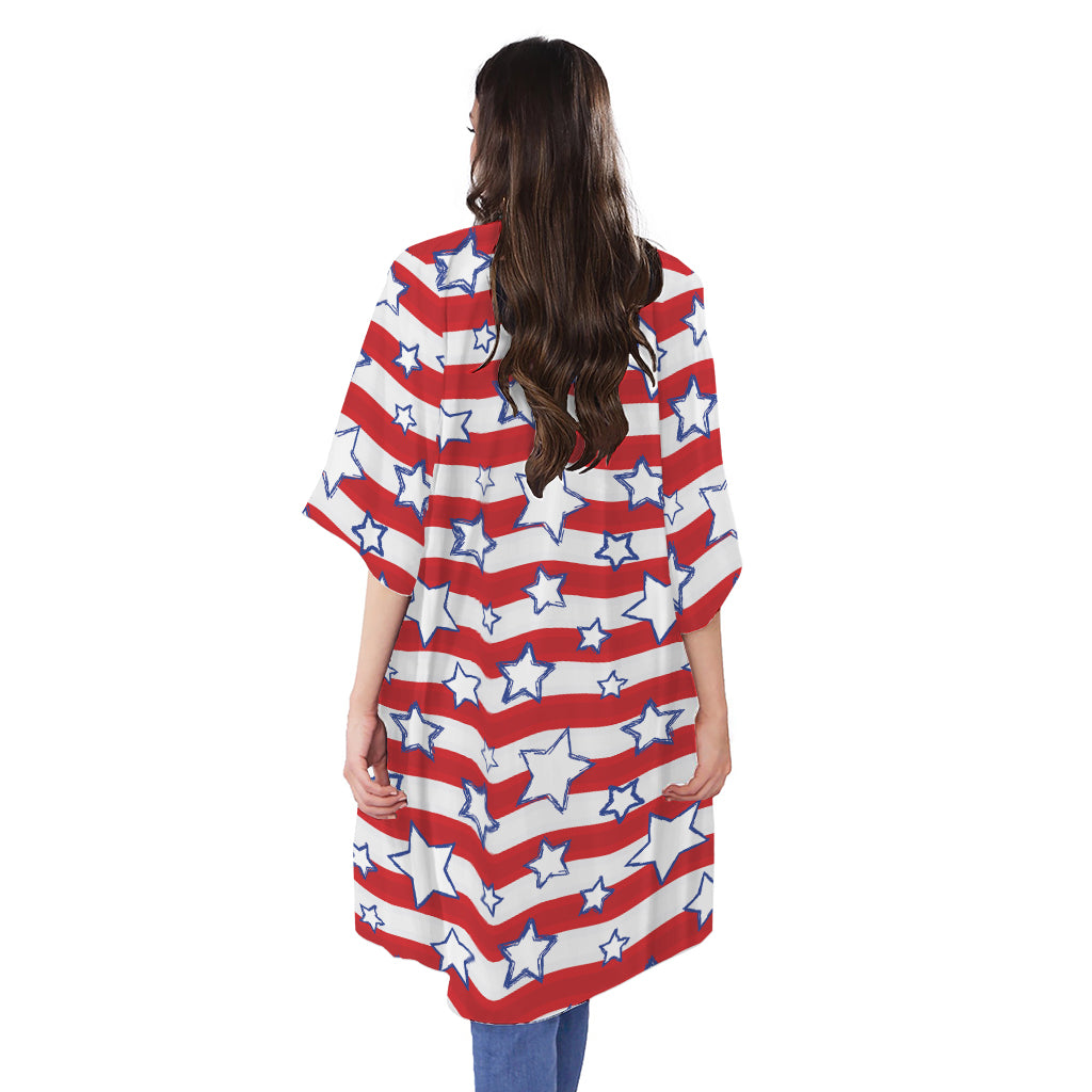 Fourth of July USA Star Pattern Print Open Front Beach Cover Up