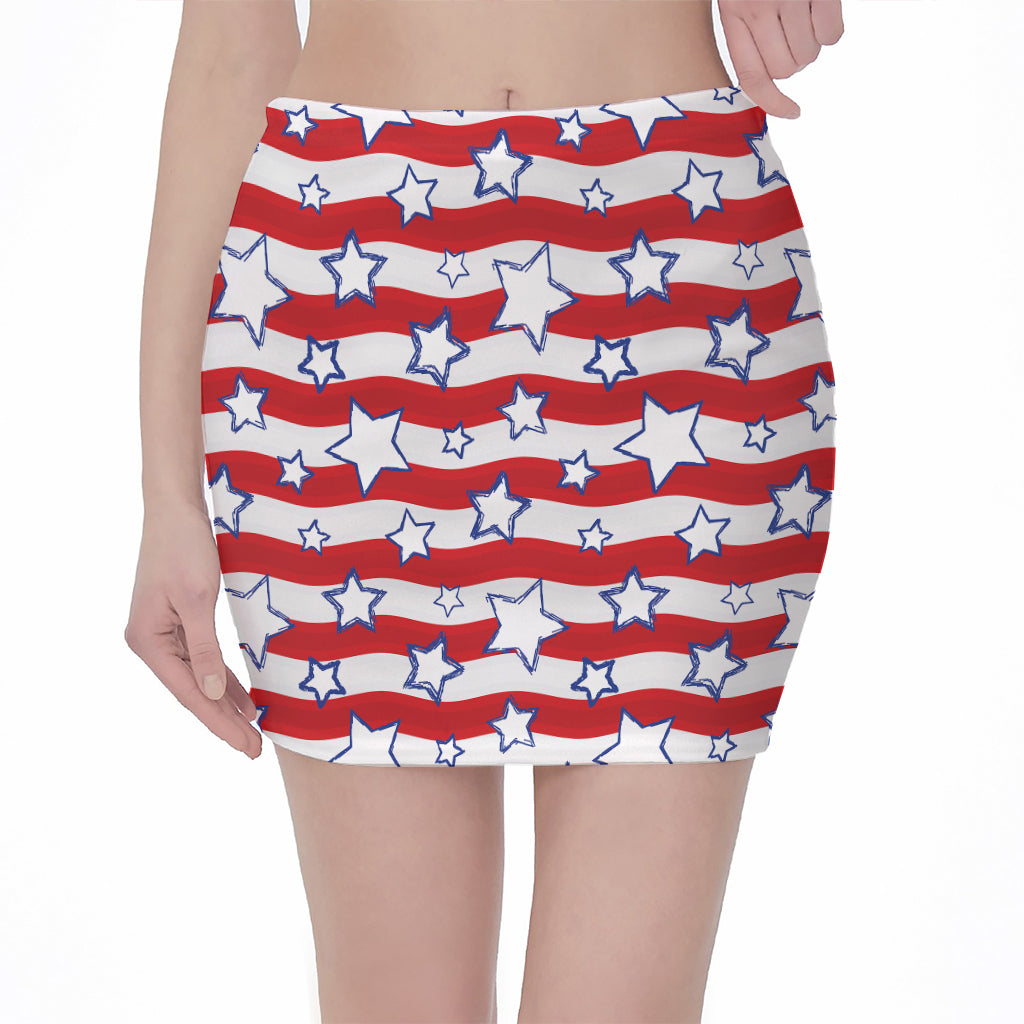 Fourth of July USA Star Pattern Print Pencil Mini Skirt