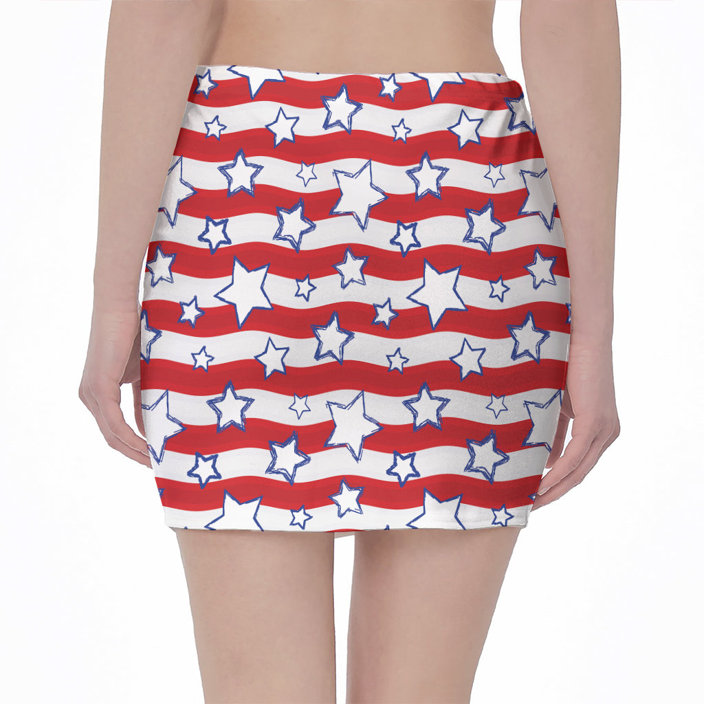Fourth of July USA Star Pattern Print Pencil Mini Skirt