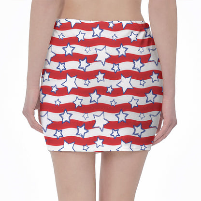 Fourth of July USA Star Pattern Print Pencil Mini Skirt