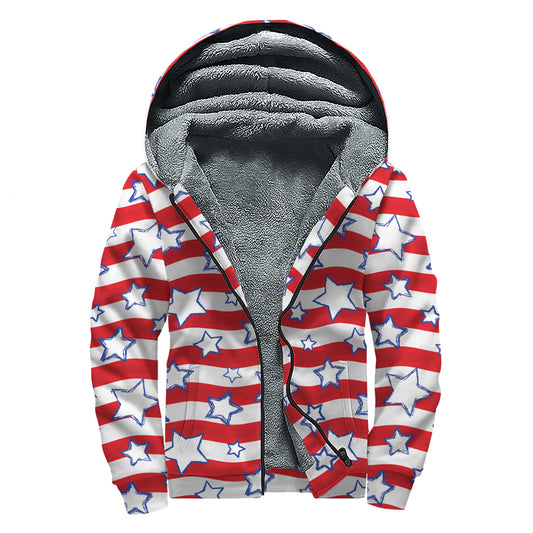 Fourth of July USA Star Pattern Print Sherpa Lined Zip Up Hoodie