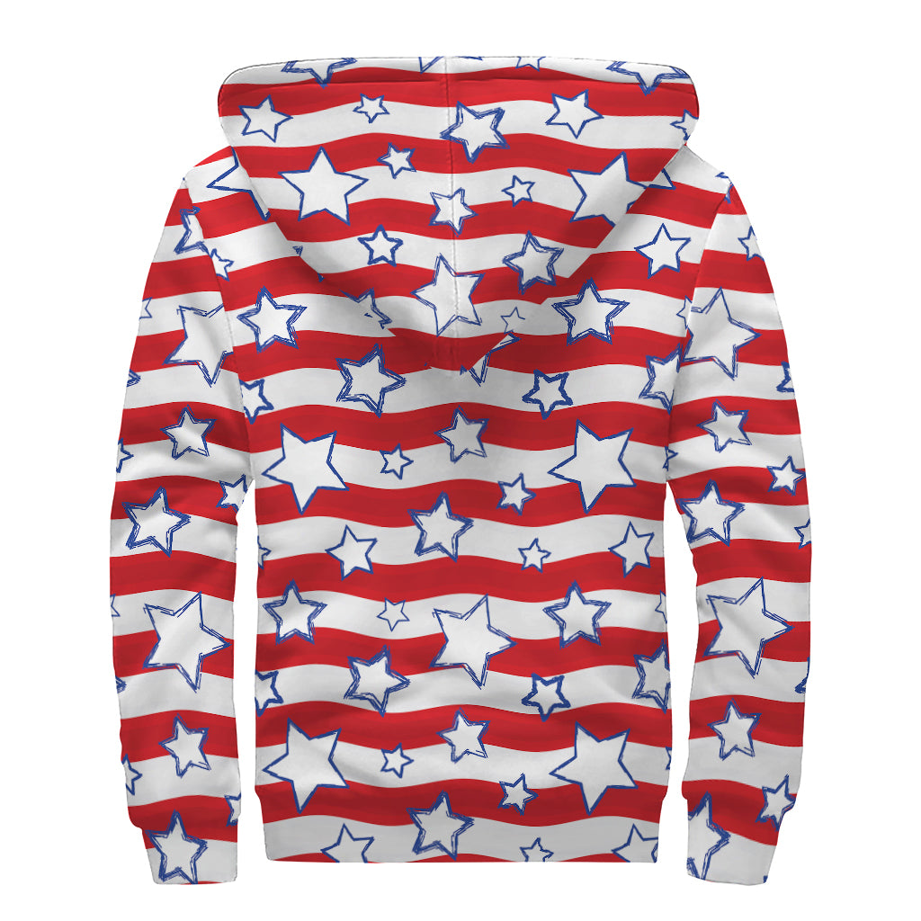Fourth of July USA Star Pattern Print Sherpa Lined Zip Up Hoodie