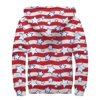 Fourth of July USA Star Pattern Print Sherpa Lined Zip Up Hoodie