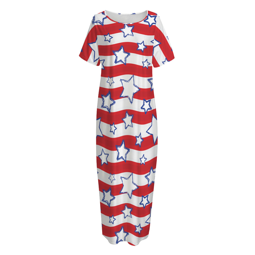Fourth of July USA Star Pattern Print Short Sleeve Long Nightdress