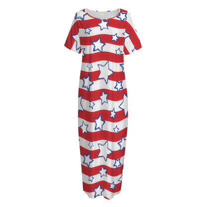Fourth of July USA Star Pattern Print Short Sleeve Long Nightdress