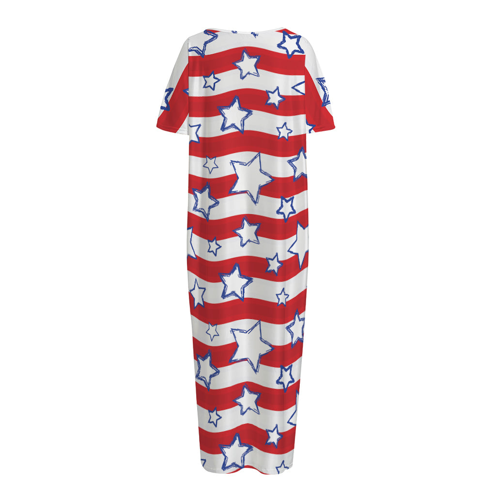 Fourth of July USA Star Pattern Print Short Sleeve Long Nightdress