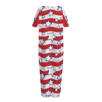 Fourth of July USA Star Pattern Print Short Sleeve Long Nightdress