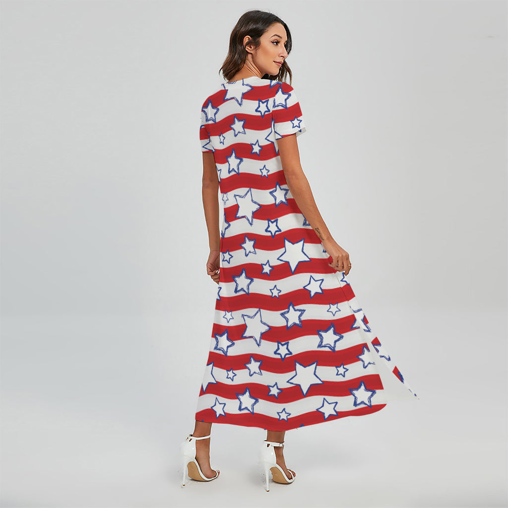 Fourth of July USA Star Pattern Print Short Sleeve Maxi Dress
