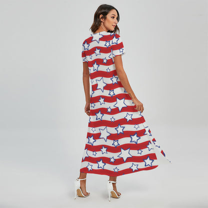 Fourth of July USA Star Pattern Print Short Sleeve Maxi Dress