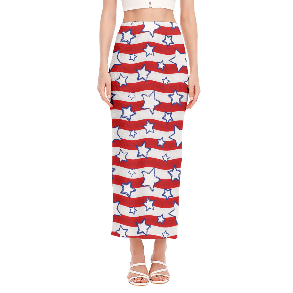 Fourth of July USA Star Pattern Print Side Slit Maxi Skirt