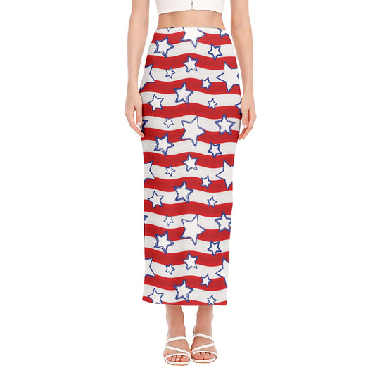 Fourth of July USA Star Pattern Print Side Slit Maxi Skirt