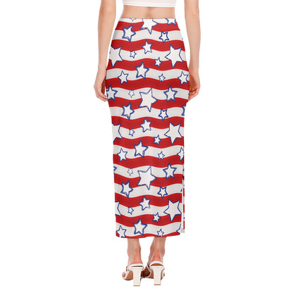 Fourth of July USA Star Pattern Print Side Slit Maxi Skirt