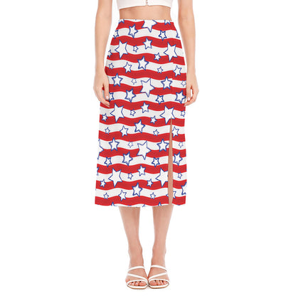 Fourth of July USA Star Pattern Print Side Slit Midi Skirt