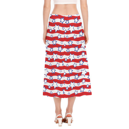 Fourth of July USA Star Pattern Print Side Slit Midi Skirt