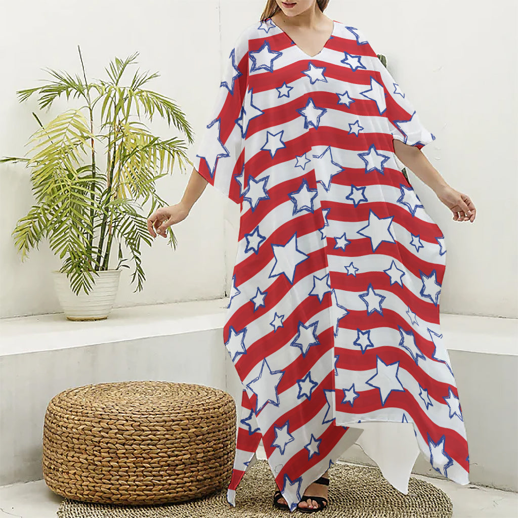 Fourth of July USA Star Pattern Print Silk V-Neck Kaftan Dress