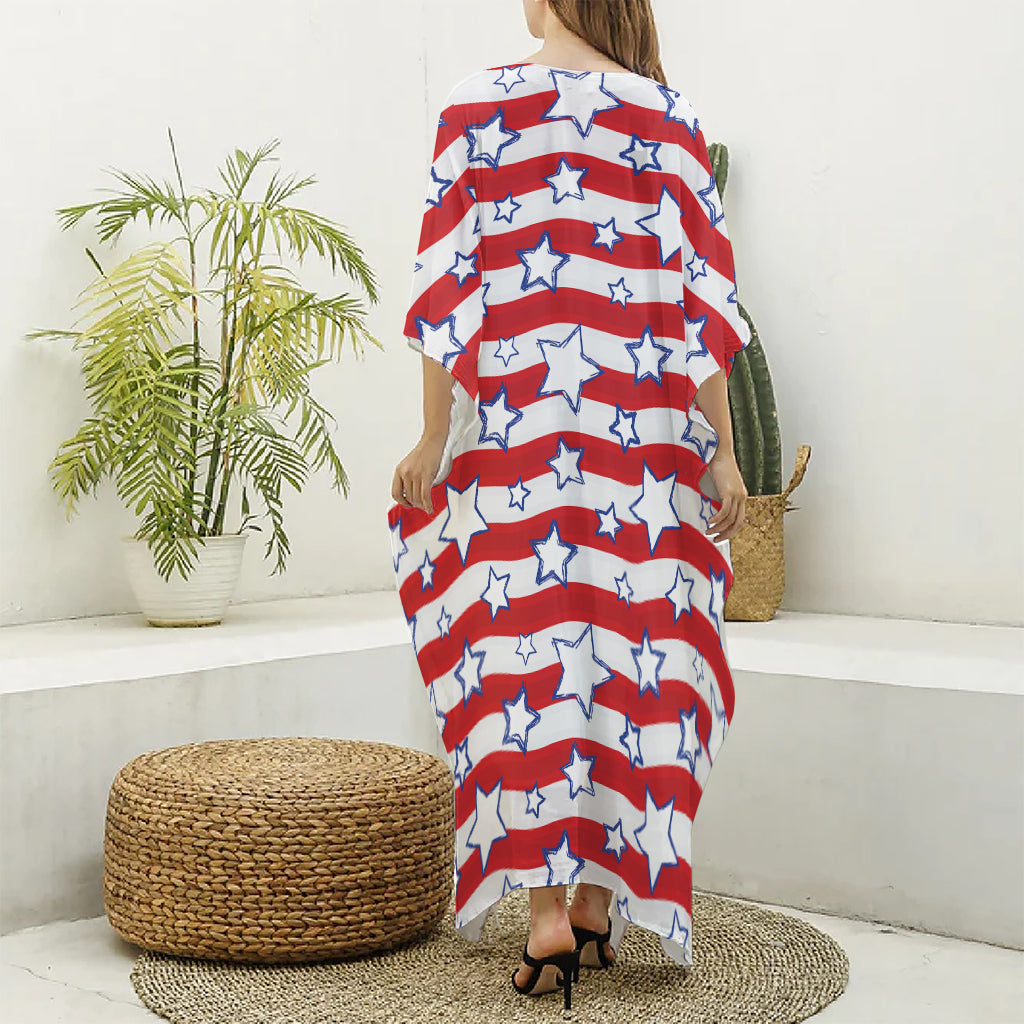 Fourth of July USA Star Pattern Print Silk V-Neck Kaftan Dress