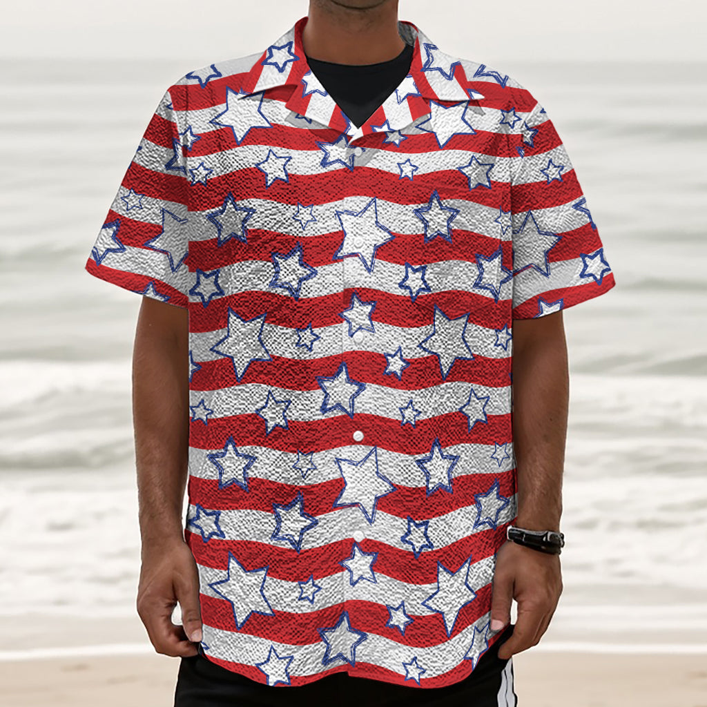 Fourth of July USA Star Pattern Print Textured Short Sleeve Shirt