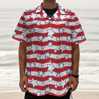 Fourth of July USA Star Pattern Print Textured Short Sleeve Shirt