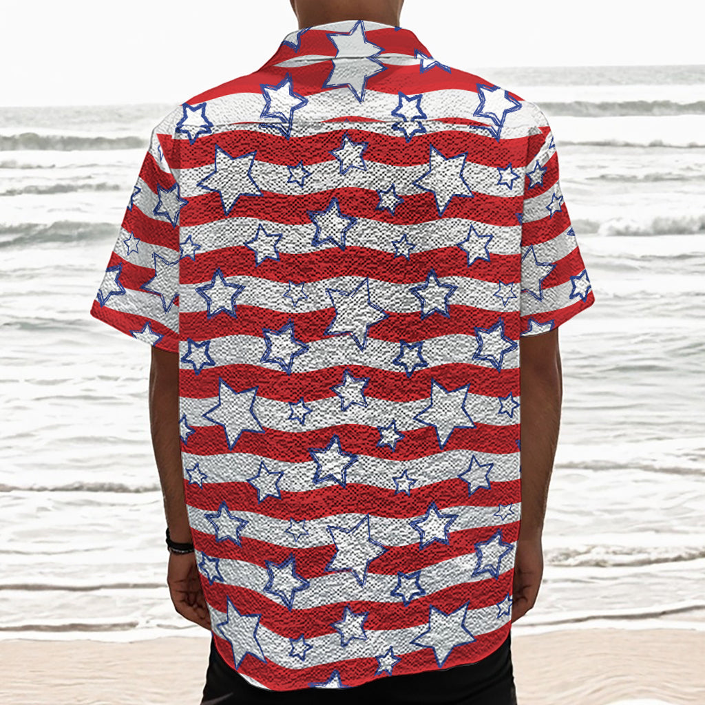 Fourth of July USA Star Pattern Print Textured Short Sleeve Shirt